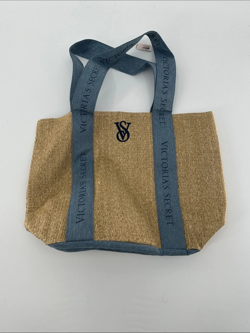 Victoria's Secret Natural Straw Tote with Denim Blue Straps